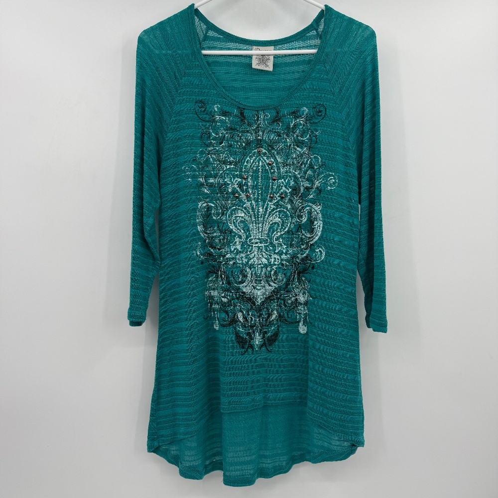 Ransom Top Women XL Teal 90s Y2K Lightweight Ribbed Knit Grunge 3/4 Sleeve Tunic